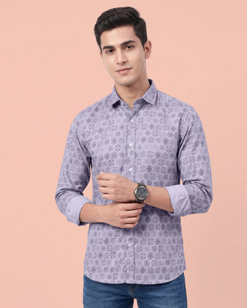 Nativebull Men’s Slim Fit Cotton Shirt with Geometric Printed Pattern Spread Collar and Full Sleeves - Grey