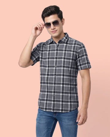 Nativebull Men’s Slim Fit Checked Short Sleeve Casual Shirt with Button Down Collar - Grey