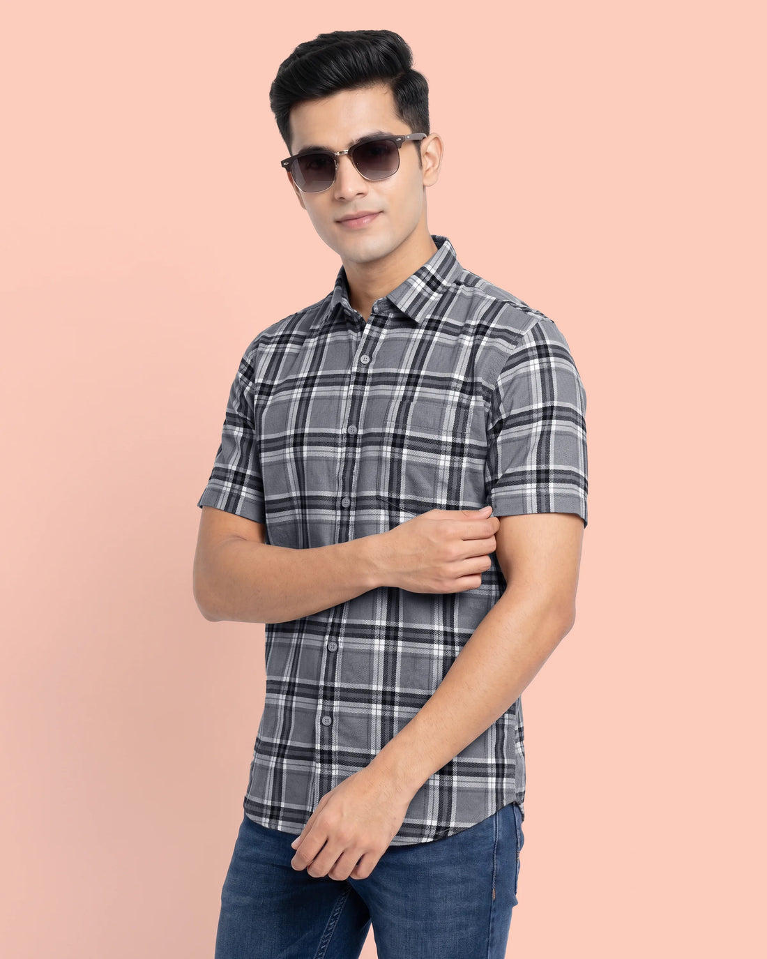 Nativebull Men’s Slim Fit Checked Short Sleeve Casual Shirt with Button Down Collar - Grey