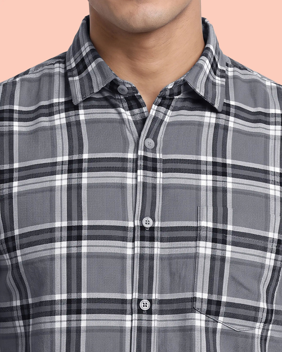 Nativebull Men’s Slim Fit Checked Short Sleeve Casual Shirt with Button Down Collar - Grey