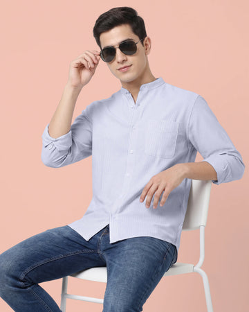 Nativebull Men's Striped Slim Fit Full Sleeve Mandarin Collar Casual Shirt - Light Blue