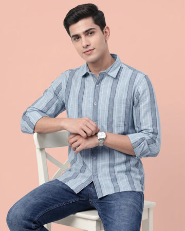 Nativebull Men's Slim Fit Striped Cotton Casual Shirt with Spread Collar Full Sleeves - Light Green