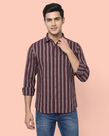 Nativebull Men’s Full Sleeve Striped Casual Shirt with Button Down Collar and Slim Fit - Maroon