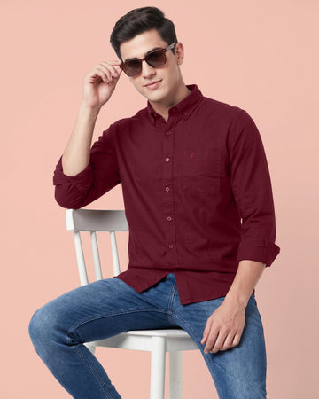 Nativebull Men’s Solid Textured Cotton Full Sleeve Casual Shirt with Button Down Collar - Maroon
