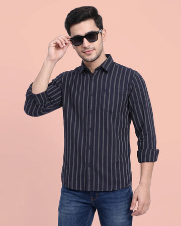 Nativebull Men’s Striped Full Sleeve Casual Shirt with Button Down Collar - Navy Blue