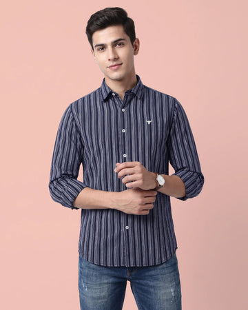 Nativebull Men's Vertical Striped Full Sleeve Casual Shirt with Button Down Collar - Navy Blue