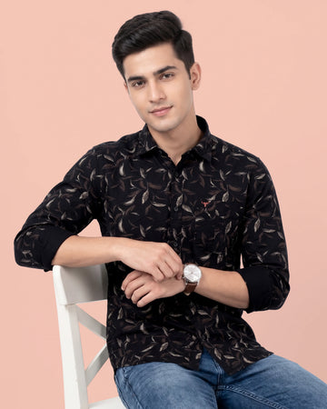 Nativebull Men's Slim Fit Leaf Print Casual Shirt with Spread Collar and Full Sleeves - Navy Blue