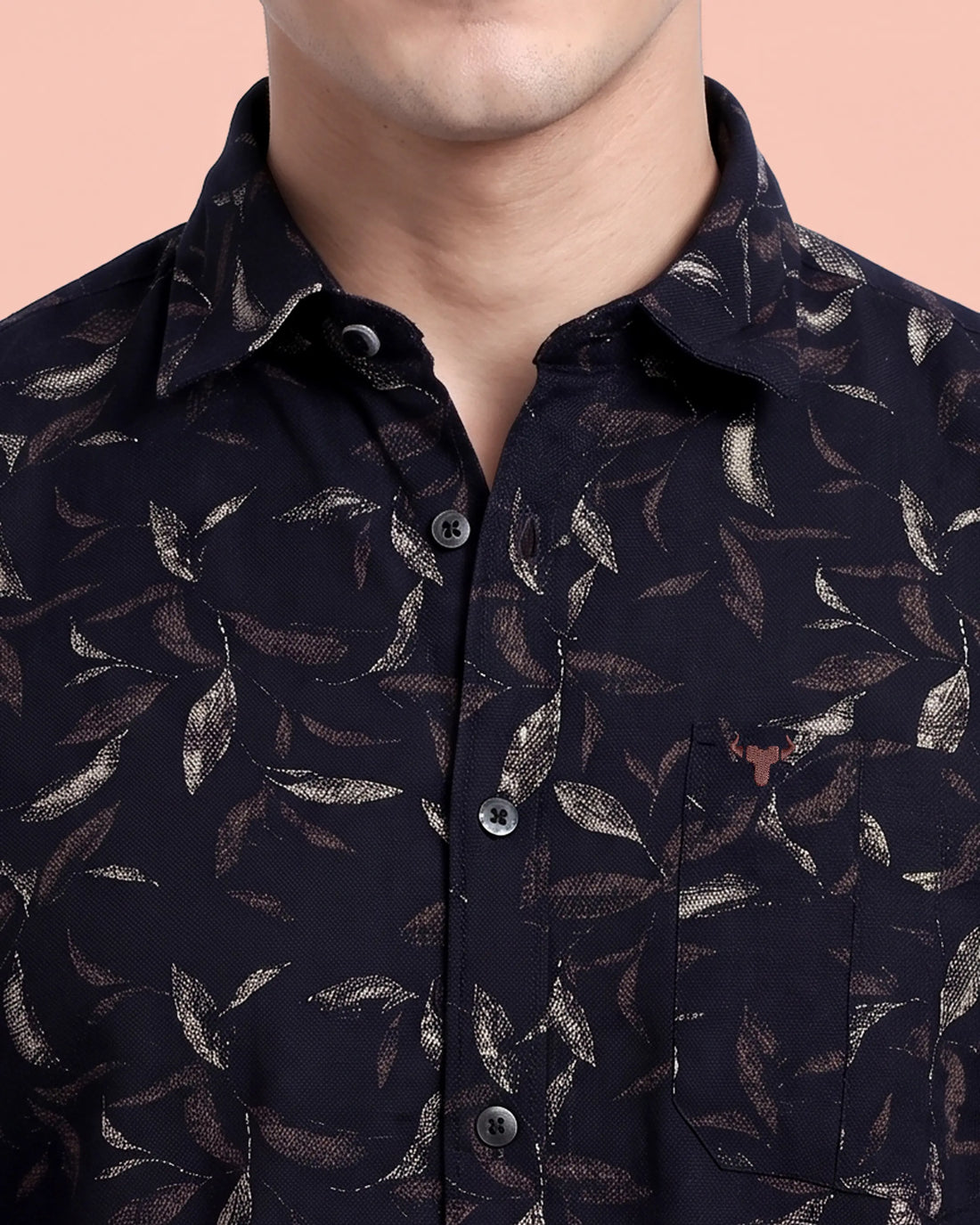 Nativebull Men's Slim Fit Leaf Print Casual Shirt with Spread Collar and Full Sleeves - Navy Blue