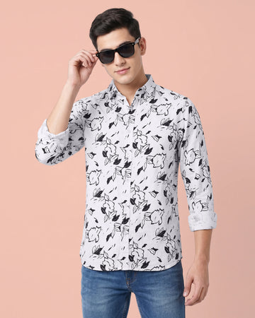 Nativebull Men’s Floral Printed Casual Shirt with Spread Collar - Off White