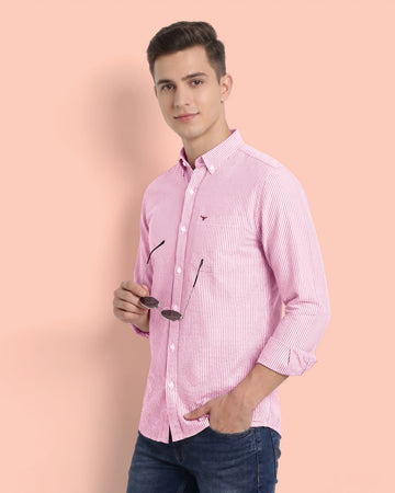 Nativebull Men’s Slim Fit Button Down Collared Full Sleeve Striped Cotton Shirt - Pink