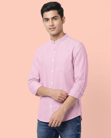 Nativebull Men's Striped Slim Fit Full Sleeve Mandarin Collar Casual Shirt - Light Red