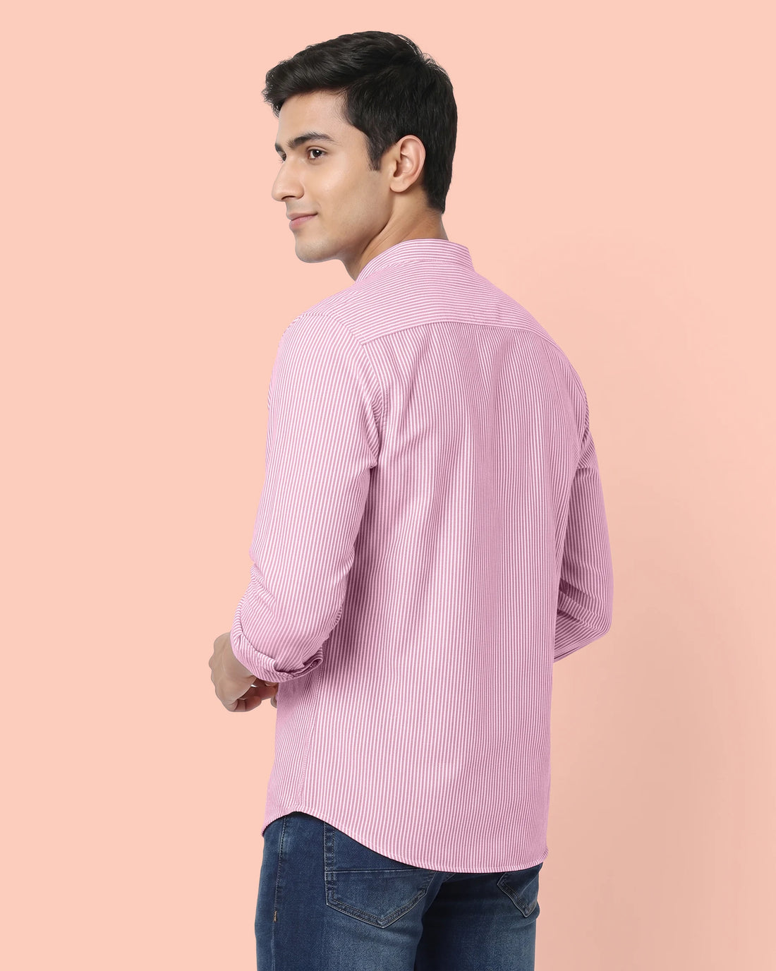 Nativebull Men's Striped Slim Fit Full Sleeve Mandarin Collar Casual Shirt - Light Red