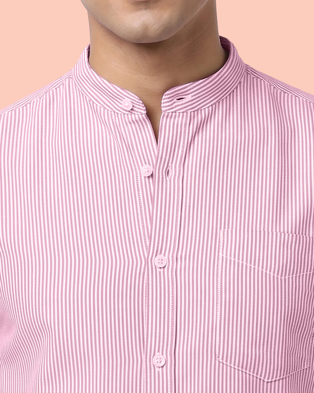 Nativebull Men's Striped Slim Fit Full Sleeve Mandarin Collar Casual Shirt - Light Red