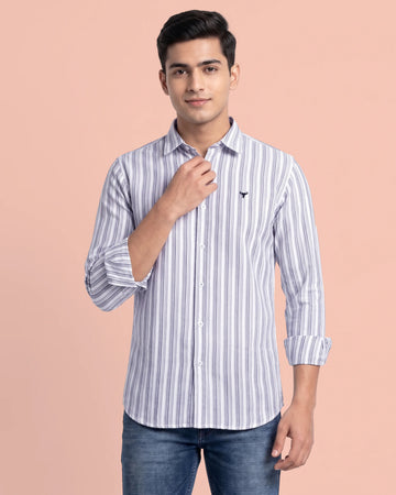 Nativebull Men's Cotton Striped Casual Shirt with Full Sleeves Button Down Collar and Slim Fit - White