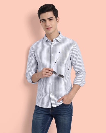 Nativebull Men’s Slim Fit Striped Cotton Casual Shirt with Button Down Collar and Full Sleeves - White