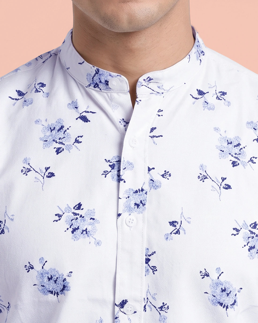 Nativebull Men's Cotton Floral Print Mandarin Collar Full Sleeve Casual Shirt - White