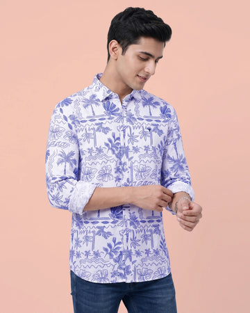 Nativebull Mens Cotton Printed Casual Shirt with Tropical Leaf and Palm Tree Pattern - White