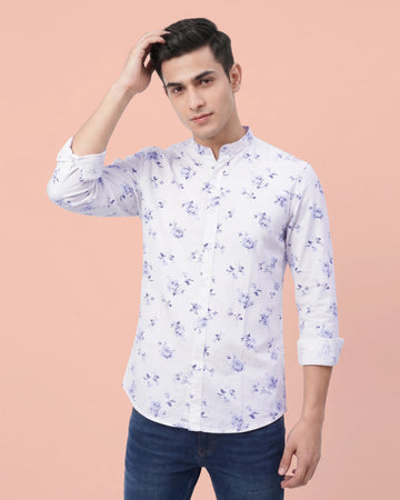 Nativebull Men's Cotton Floral Print Mandarin Collar Full Sleeve Casual Shirt - White