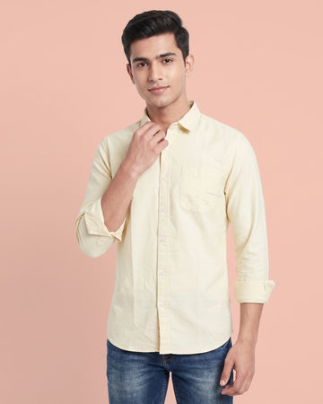 Nativebull Men's Slim Fit Solid Casual Shirt with Full Sleeves Spread Collar Button Down Front - Yellow