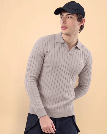 Men’s Native Bull Textured Ribbed Full Sleeve Polo Neck T-Shirt – Beige