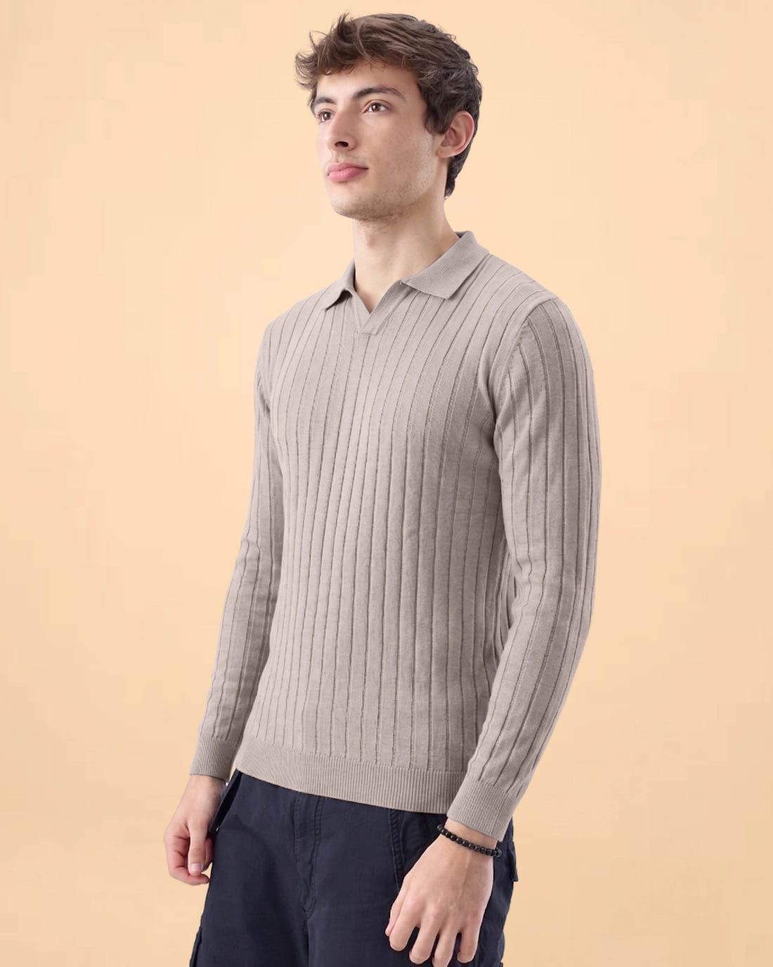 Men’s Native Bull Textured Ribbed Full Sleeve Polo Neck T-Shirt – Beige