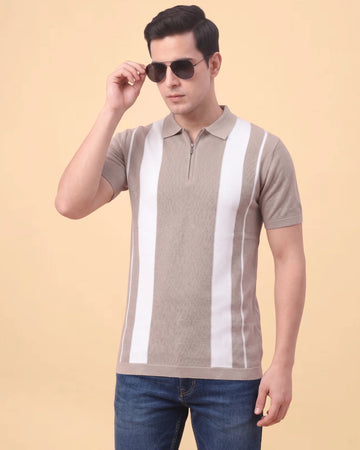 Men's Cotton Textured Polo T-Shirt with White Vertical Stripes - Beige