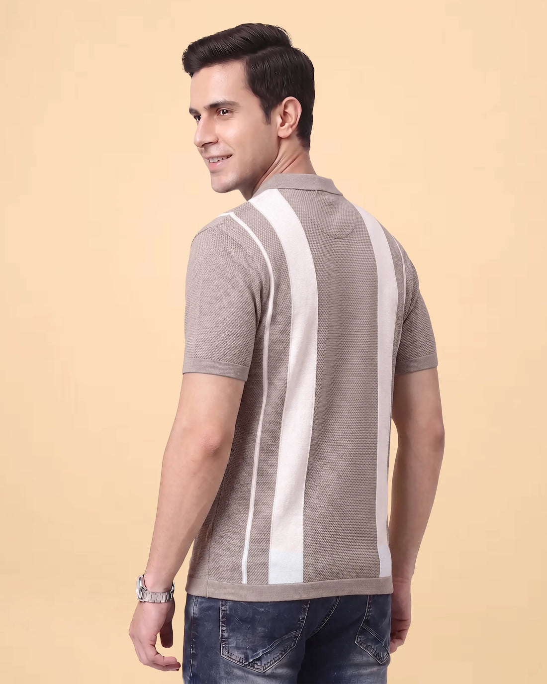Men's Cotton Textured Polo T-Shirt with White Vertical Stripes - Beige