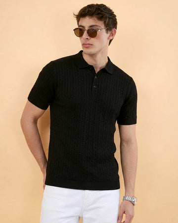 Men’s Textured Short Sleeve Cable Knit Casual Polo T-Shirt - Black