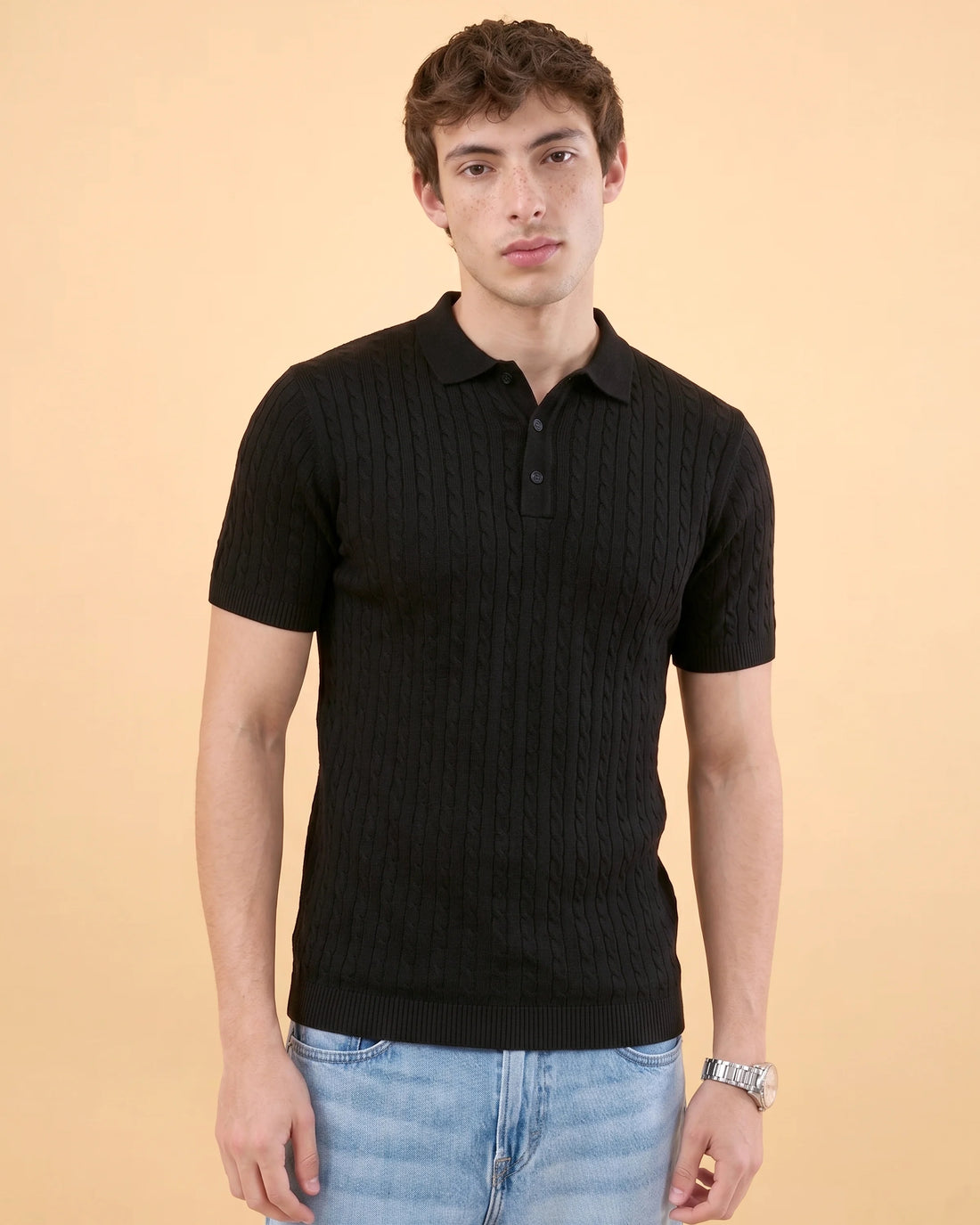 Men’s Native Bull Textured Short Sleeve Cable Knit Casual Polo T-Shirt - Black
