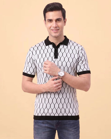 Men’s Geometric Textured Polo T-Shirt with Contrast Collar and Short Sleeves - White
