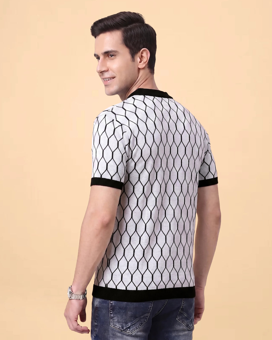 Men’s Geometric Textured Polo T-Shirt with Contrast Collar and Short Sleeves - White
