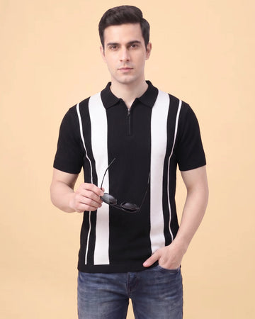 Men's Cotton Textured Polo T-Shirt with White Vertical Stripes - Black