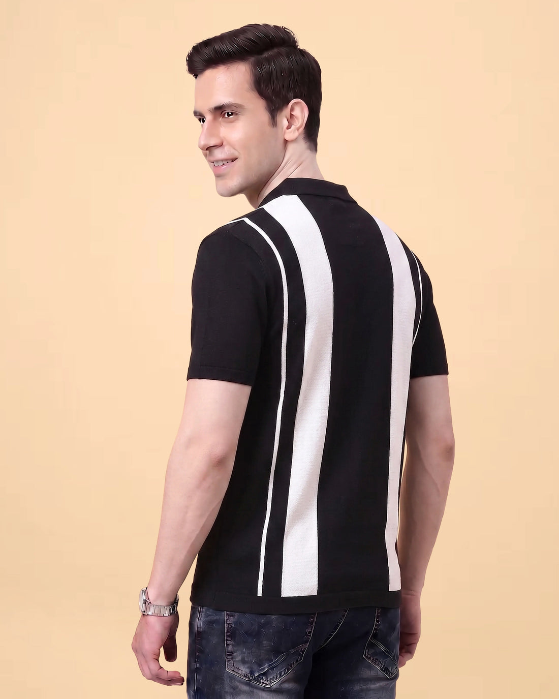 Men's Cotton Textured Polo T-Shirt with White Vertical Stripes - Black