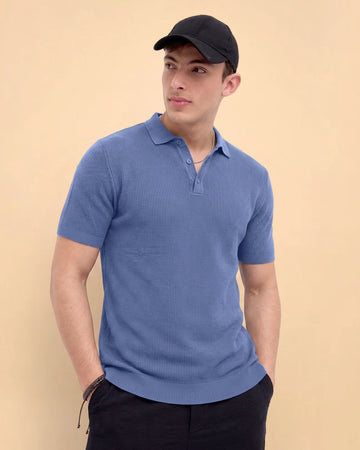 Men’s Native Bull Textured Knit Half Sleeve Polo T-Shirt – Blue