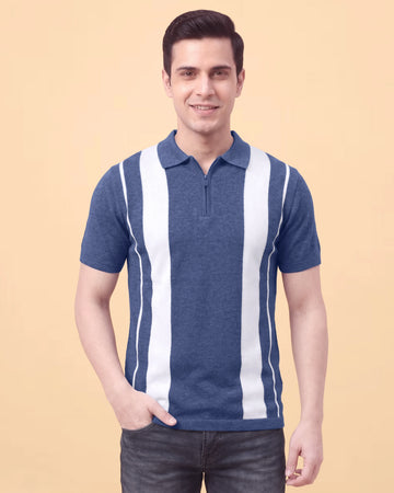 Men's Cotton Textured Polo T-Shirt with White Vertical Stripes - Blue