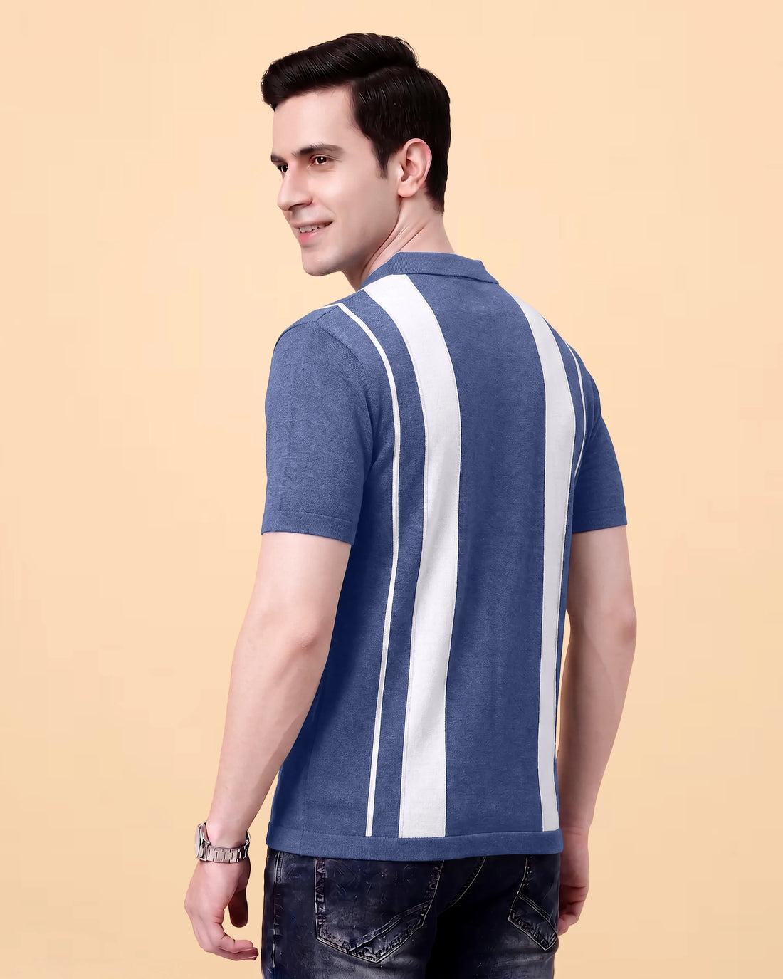 Men's Cotton Textured Polo T-Shirt with White Vertical Stripes - Blue