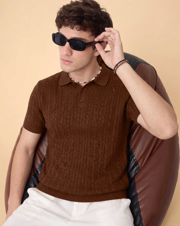 Men’s Textured Short Sleeve Cable Knit Casual Polo T-Shirt - Brown