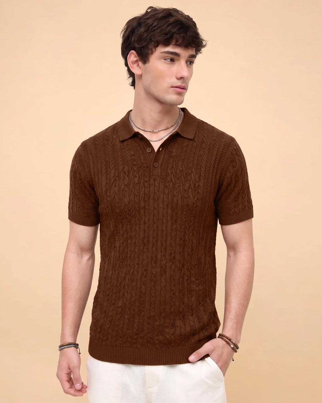 Men’s Native Bull Textured Short Sleeve Cable Knit Casual Polo T-Shirt - Brown