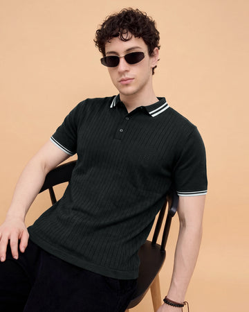 Men’s Textured Polo T-Shirt with Striped Collar and Sleeve Cuffs - Dark Green