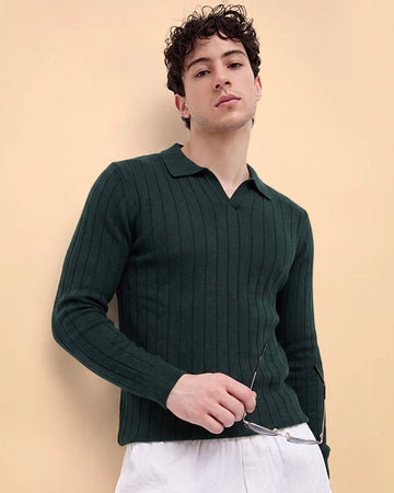 Men’s Native Bull Textured Ribbed Full Sleeve Polo Neck T-Shirt – Dark Green