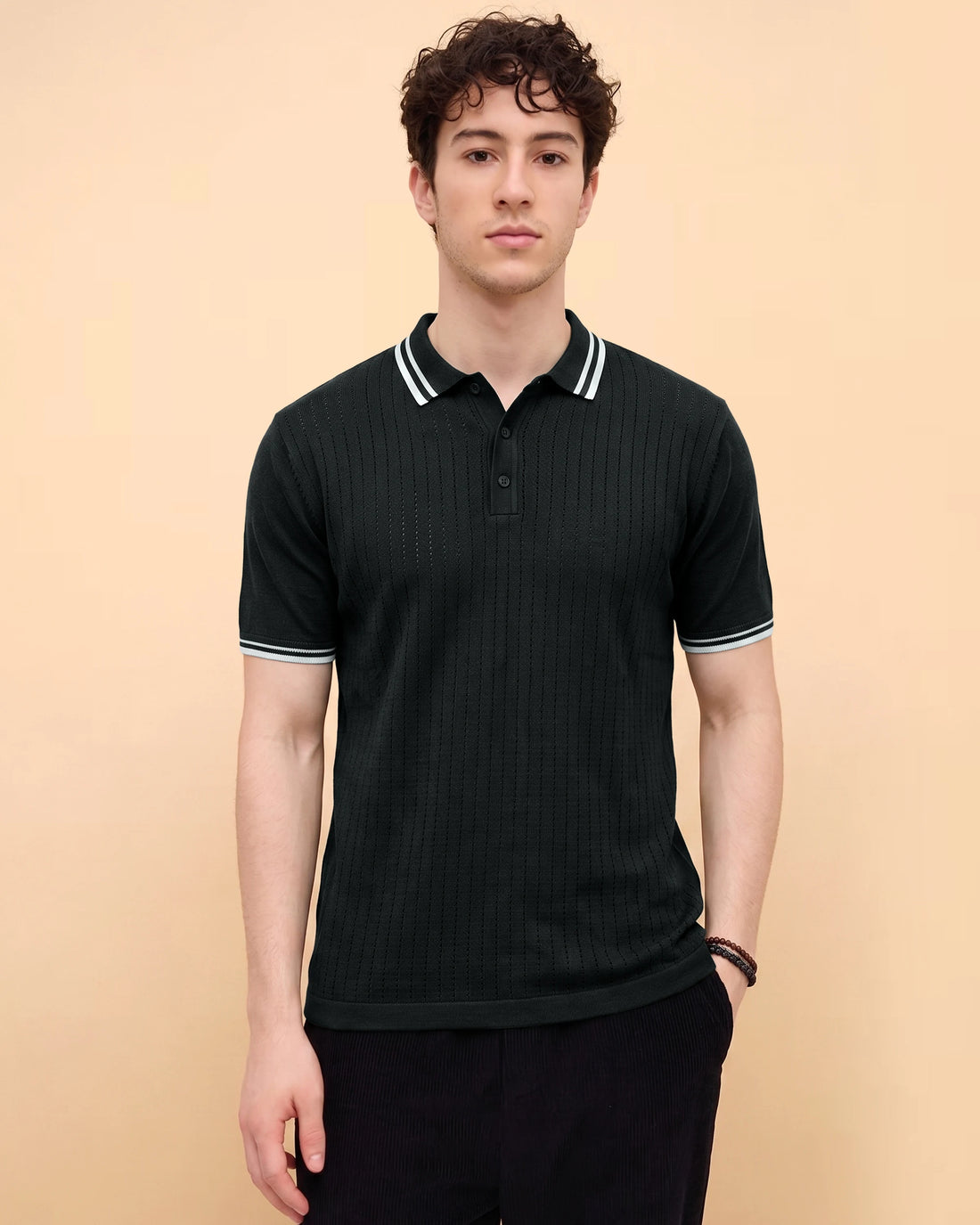 Men’s Native Bull Textured Polo T-Shirt with Striped Collar and Sleeve Cuffs - Dark Green