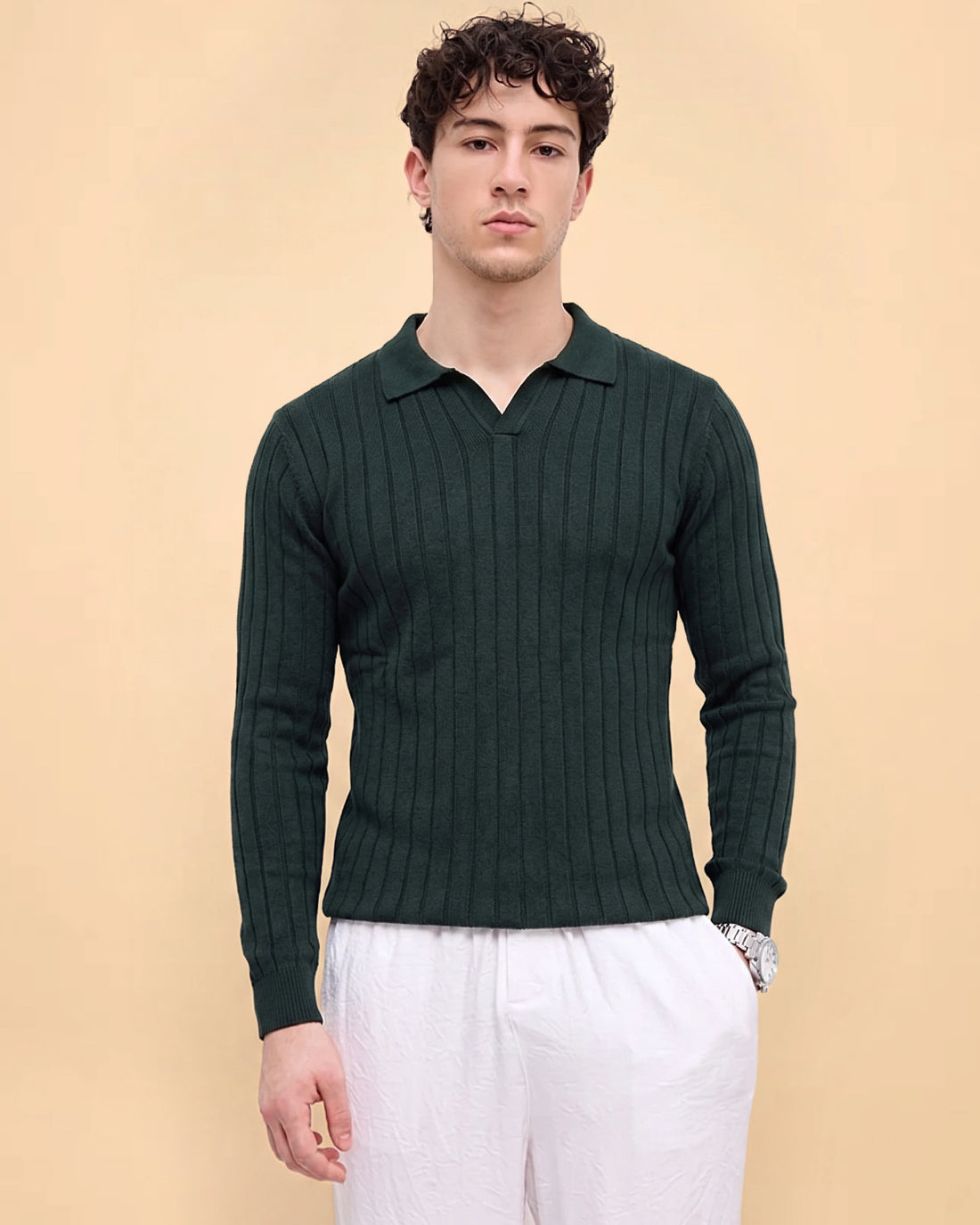 Men’s Native Bull Textured Ribbed Full Sleeve Polo Neck T-Shirt – Dark Green