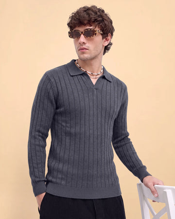 Men’s Native Bull Textured Ribbed Full Sleeve Polo Neck T-Shirt – Dark Grey
