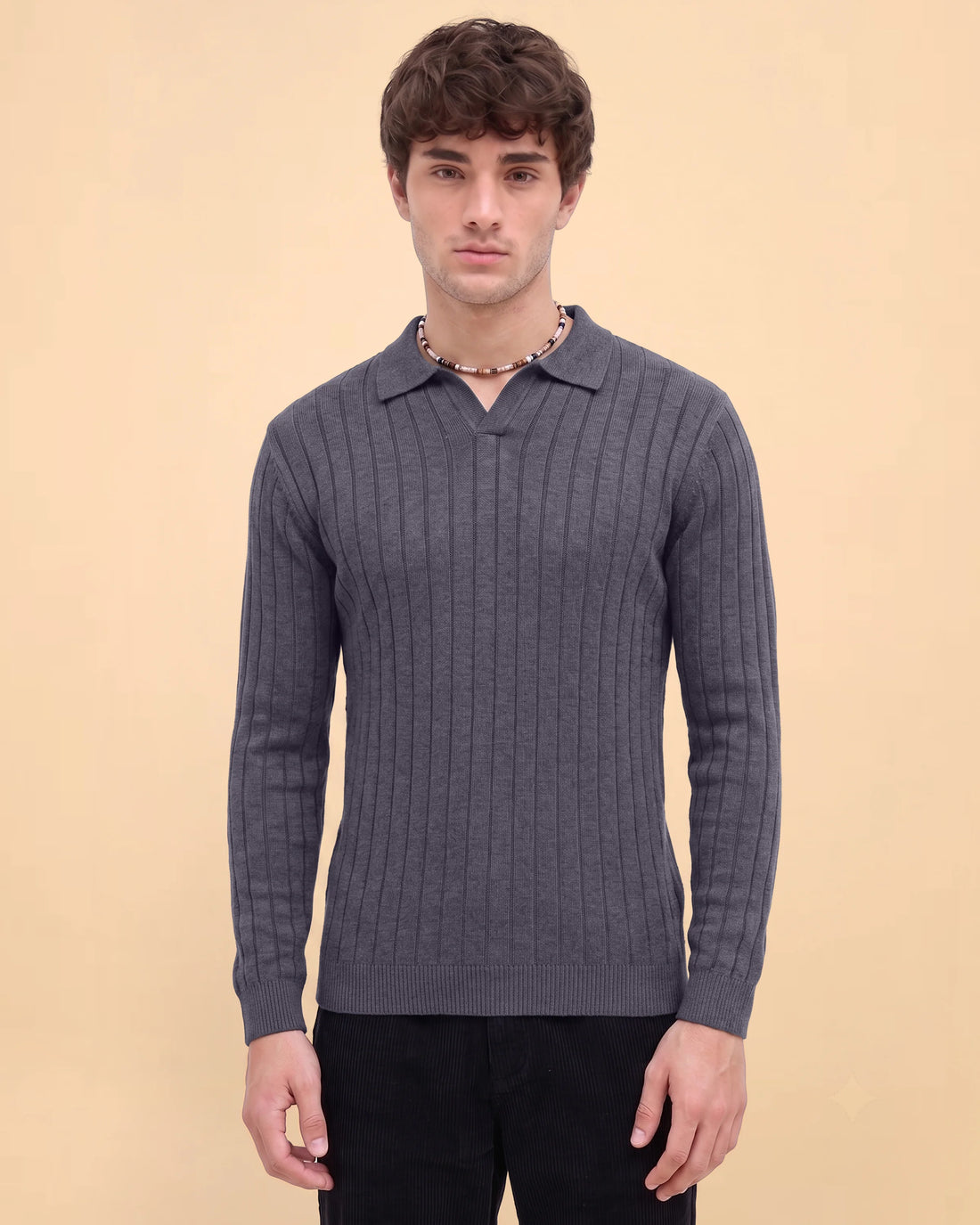Men’s Native Bull Textured Ribbed Full Sleeve Polo Neck T-Shirt – Dark Grey