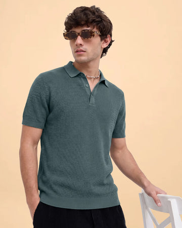 Men’s Native Bull Textured Knit Half Sleeve Polo T-Shirt – Green