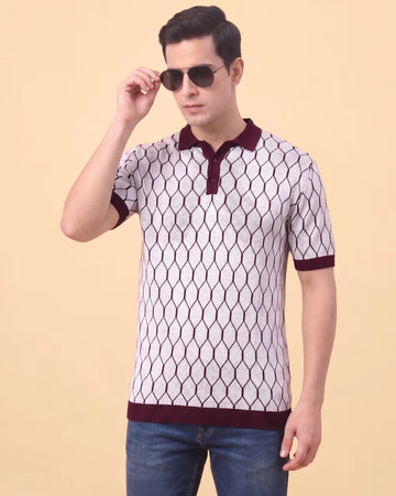 Men’s Geometric Textured Polo T-Shirt with Contrast Collar and Short Sleeves - White