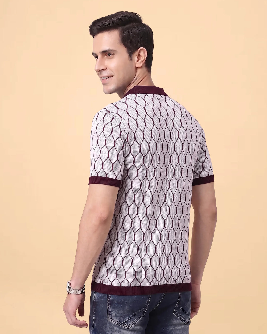 Men’s Geometric Textured Polo T-Shirt with Contrast Collar and Short Sleeves - White