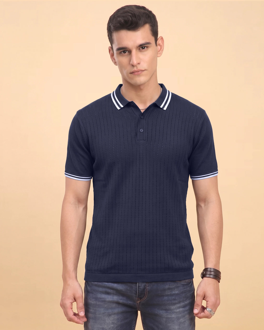 Men’s Native Bull Textured Polo T-Shirt with Striped Collar and Sleeve Cuffs - Navy Blue