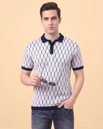 Men’s Geometric Textured Polo T-Shirt with Contrast Collar and Short Sleeves - White