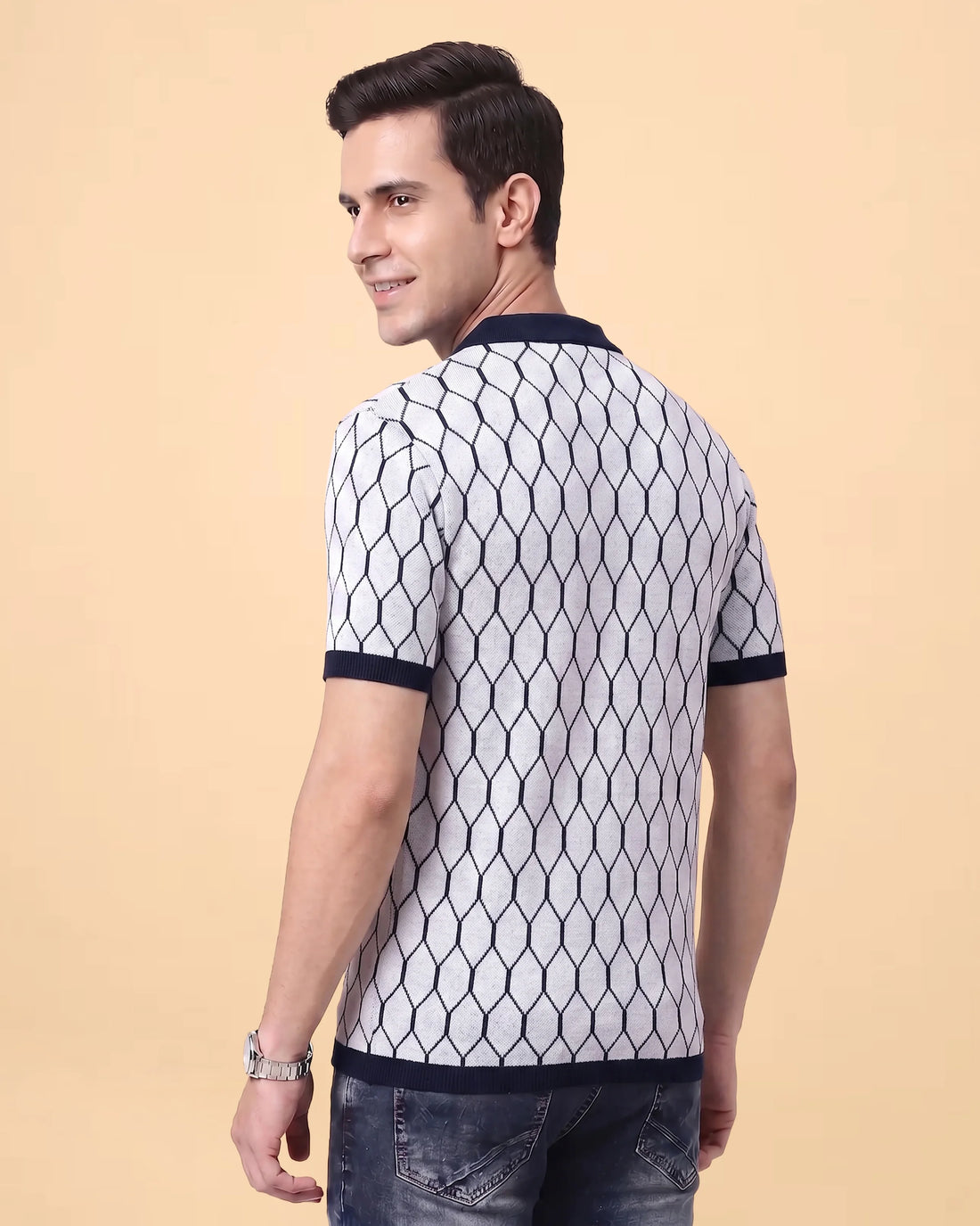 Men’s Geometric Textured Polo T-Shirt with Contrast Collar and Short Sleeves - White